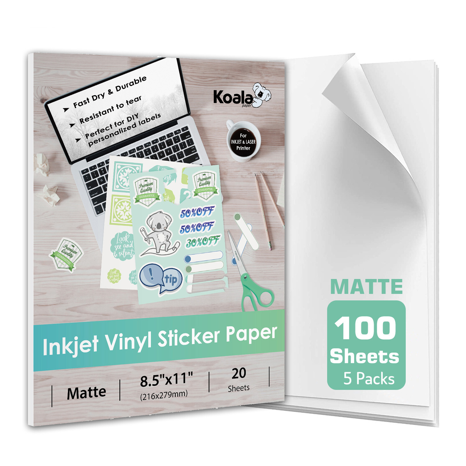 100 Bulk Koala Printable Vinyl Sticker Paper Waterproof Matte White Inkjet Print