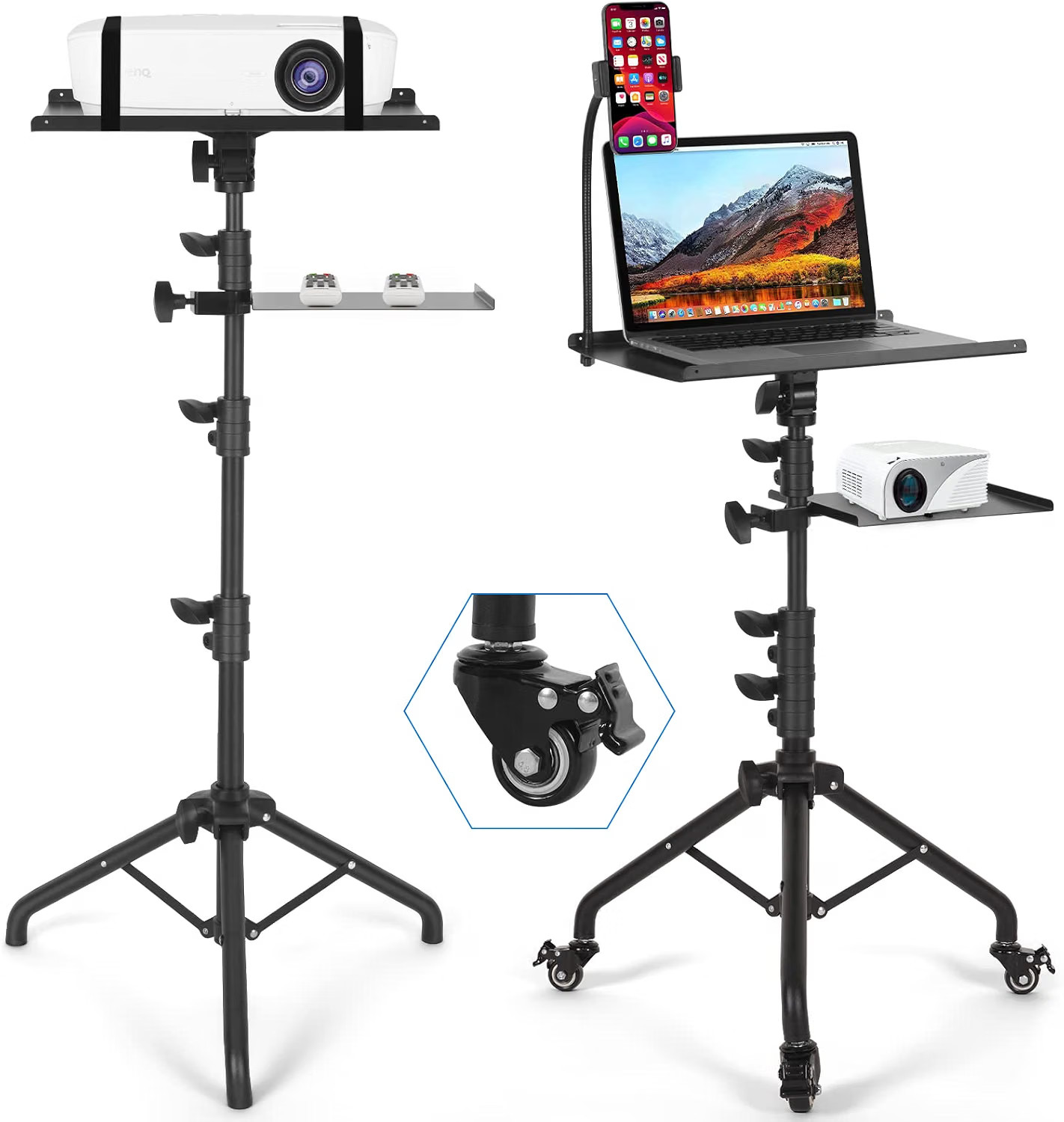 Tossbiss Laptop Tripod on Wheels 2 Shelves Adjustable 25.9-51.8" w/ Phone