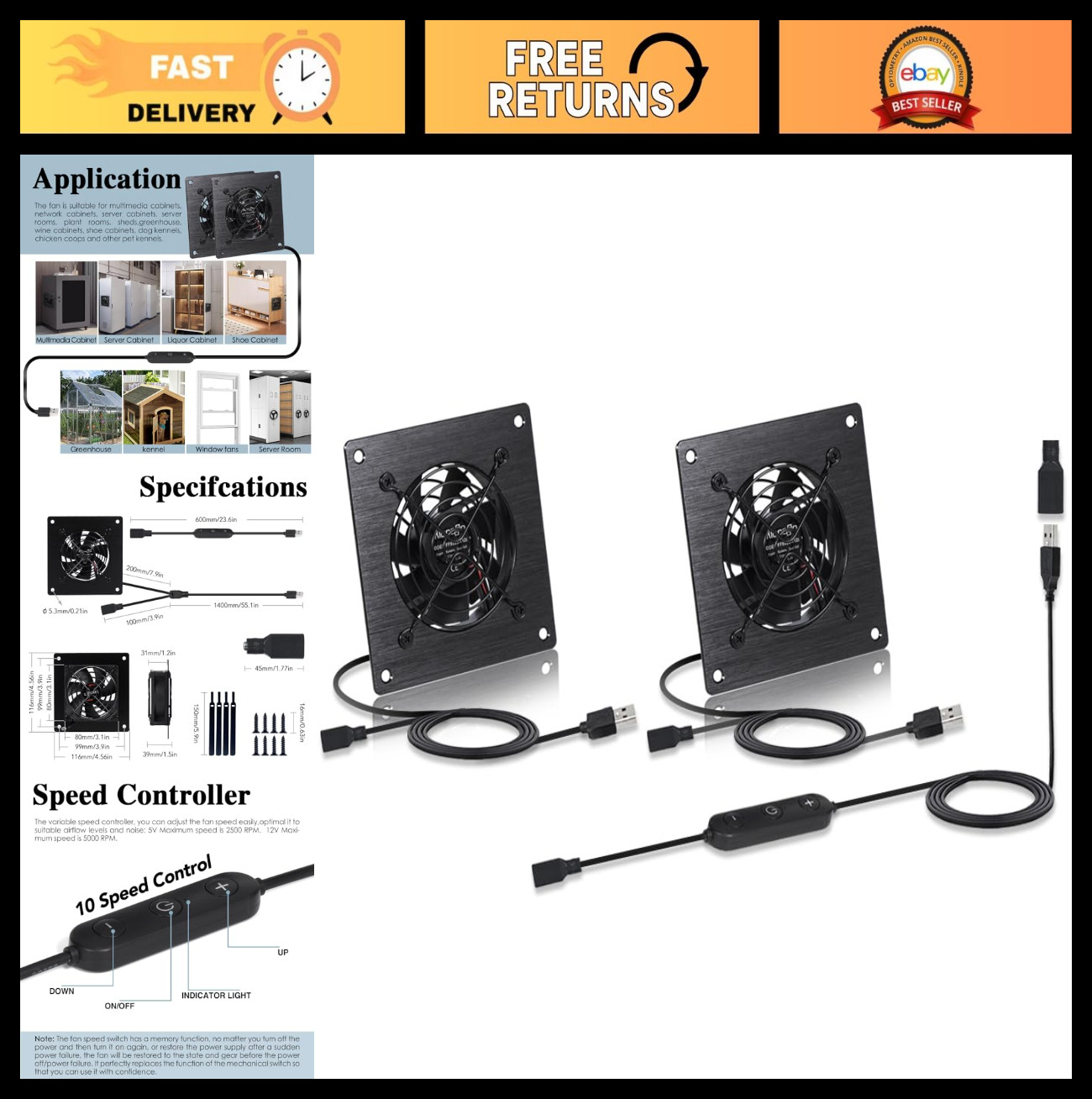 80mm Dual Cabinet Cooling Fans - USB 5V/DC 12V, IPX5 Waterproof, 10-Speed Quiet