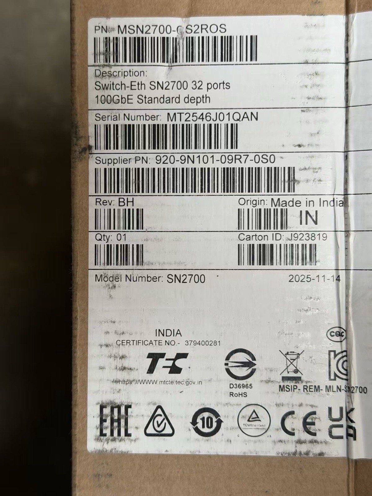 MSN2700-CS2ROS NVIDIA Mellanox SN2700 100GbE 32QSFP28 ONIE 2PS P2C Switch NEW