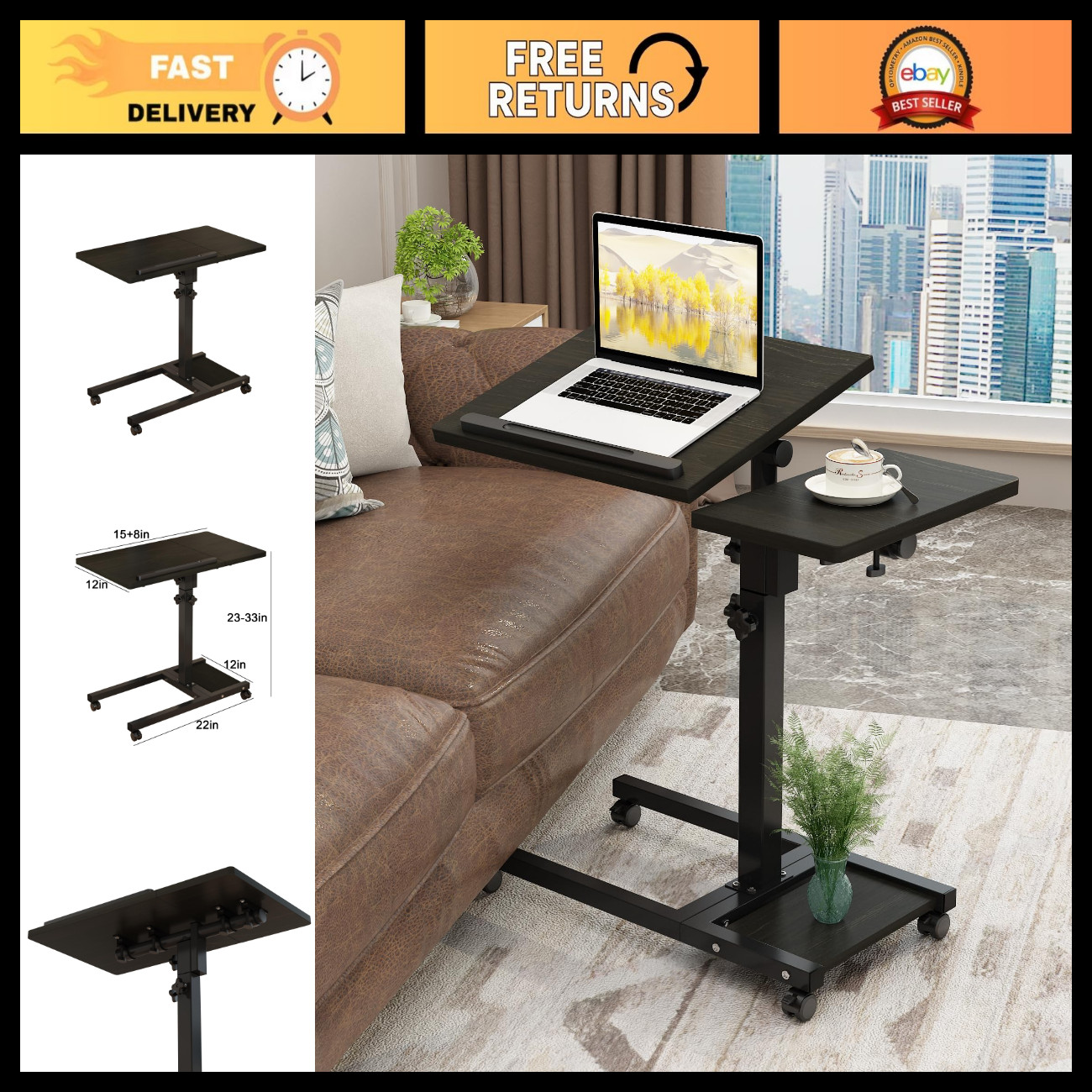Adjustable Height Laptop Stand - Portable Rolling Desk Cart with Wheels & Mouse