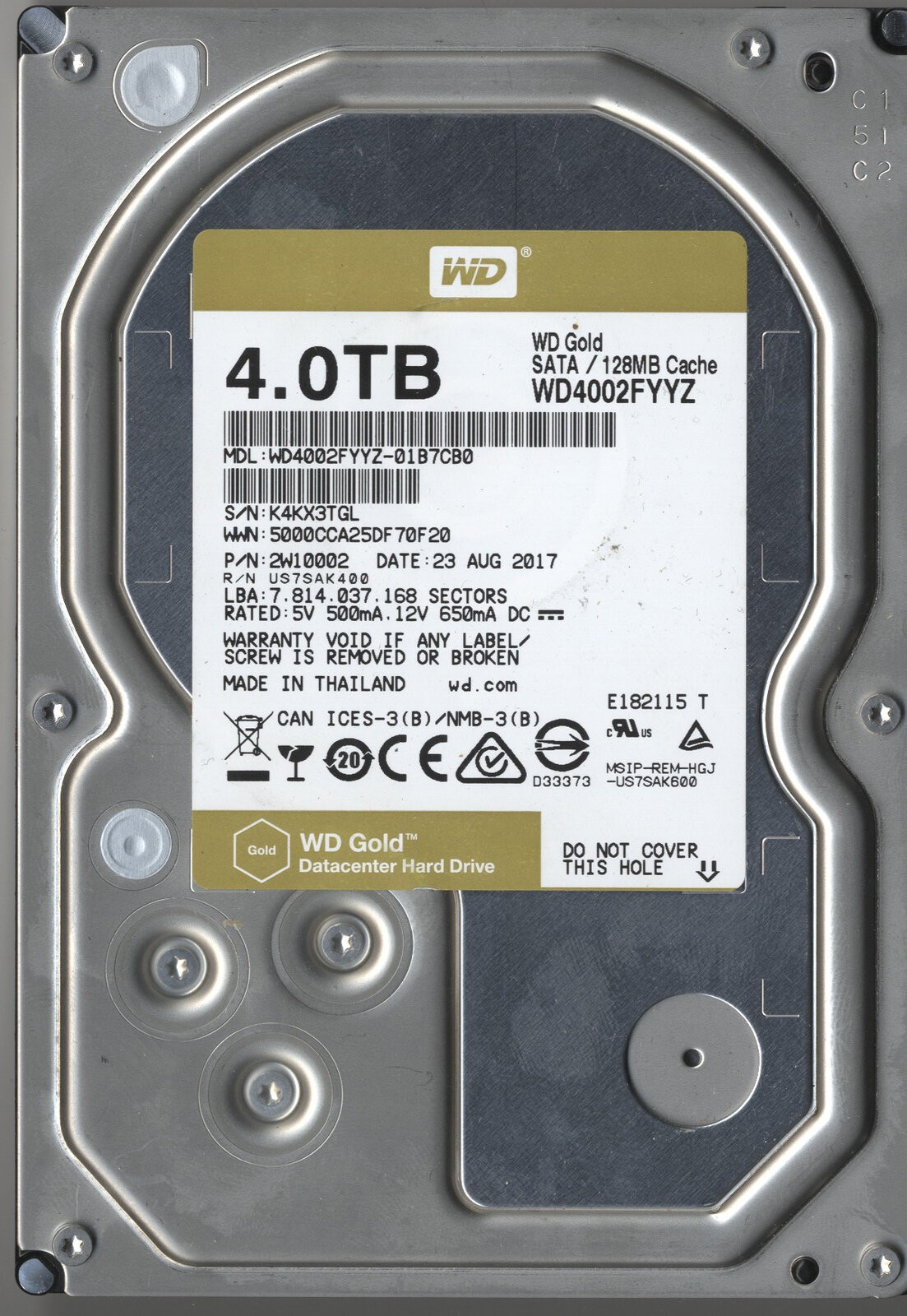 WD Gold 4TB Enterprise HDD WD4002FYYZ 7200RPM 128MB SATA 3.5" 24K Hrs 0 Realloc