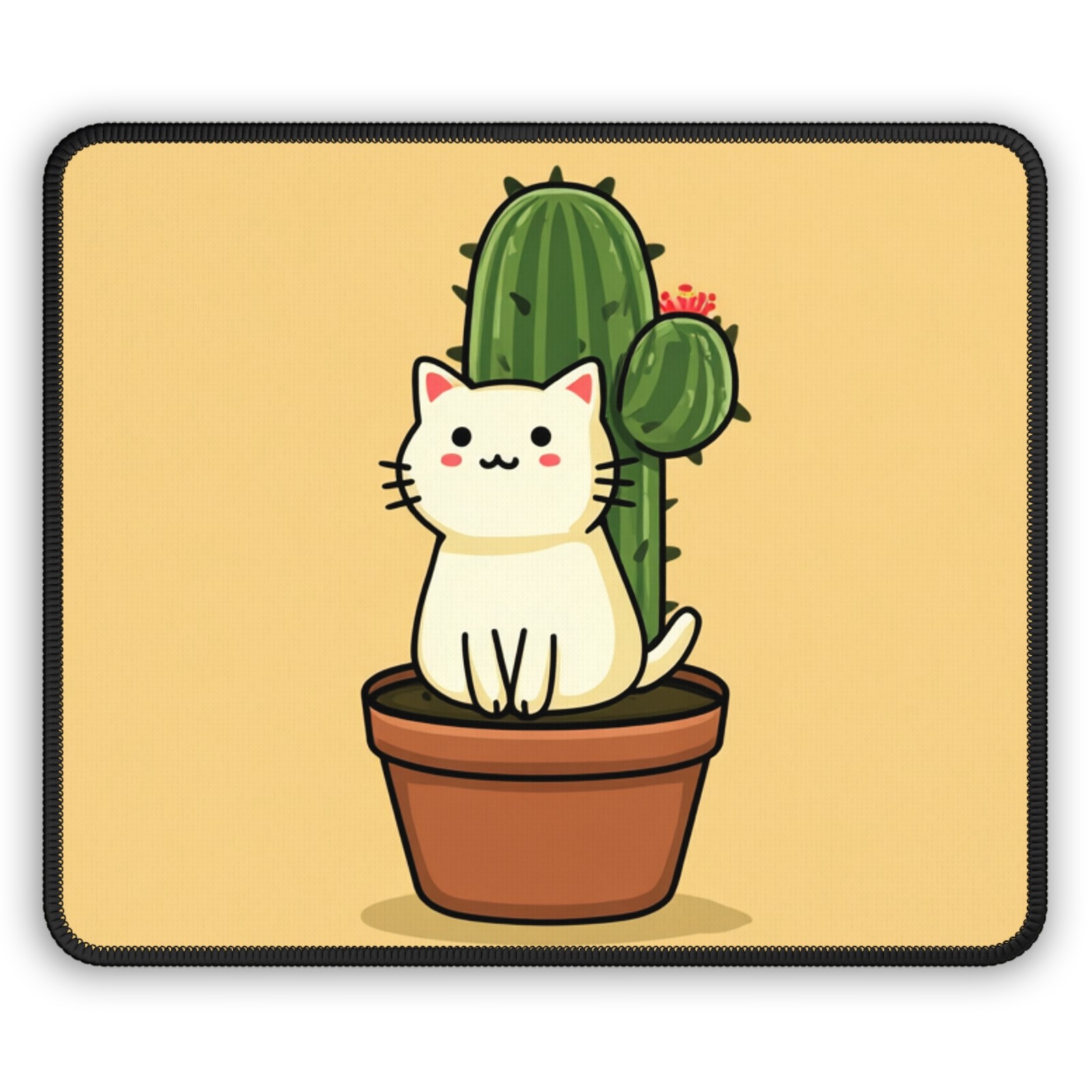 Kawaii Cat in Cactus Pot Gaming Mouse Pad | Cute Animal Desk Mat