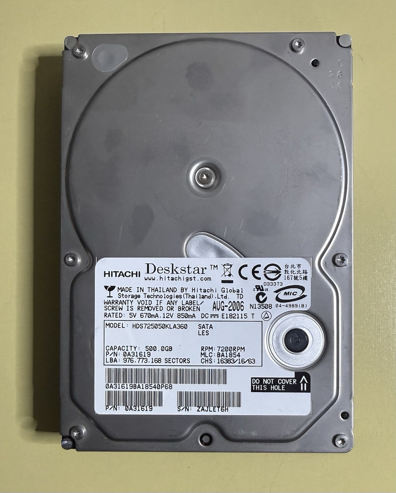 HITACHI HDS725050KLA360 500GB SATA HDD Hard Drive 7200 RPM P/N 0A31619 TESTED