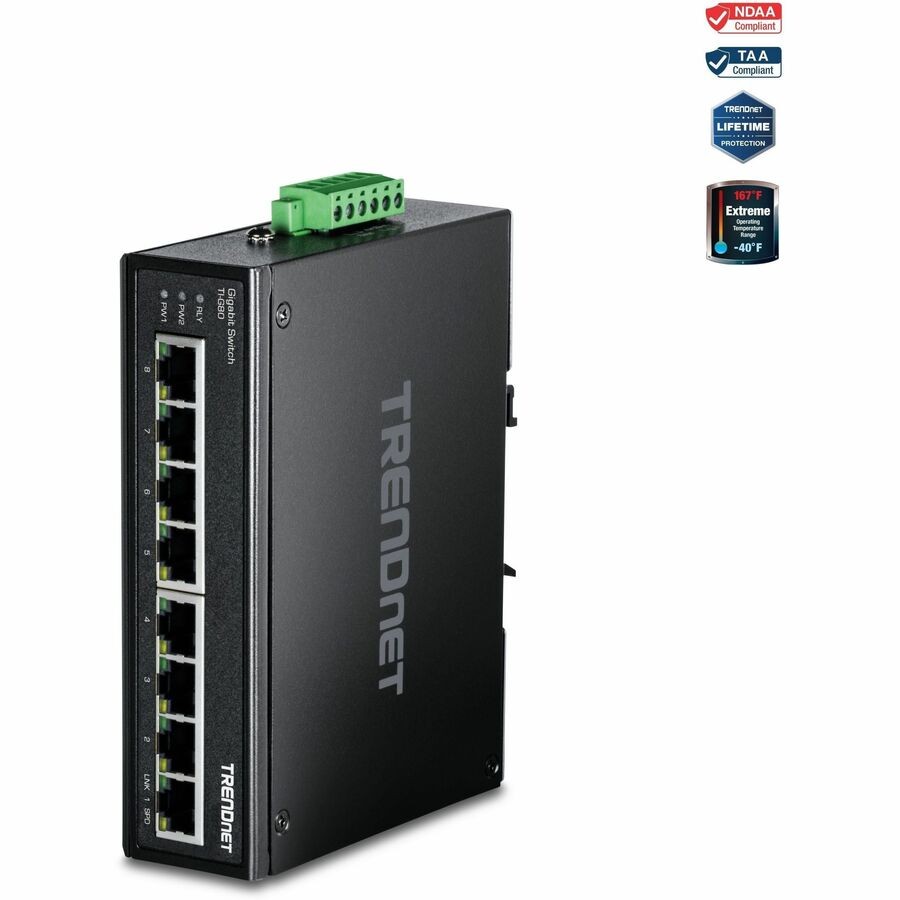TRENDnet 8-Port Industrial Gigabit Ethernet DIN-Rail Switch, TI-G80, 8 x Gigabit