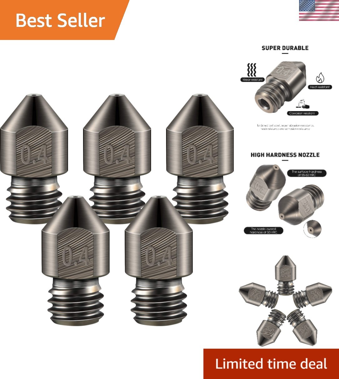 5 Pcs 0.4mm Hardened Steel MK8 Nozzles for Precision 3D Printing Excellence