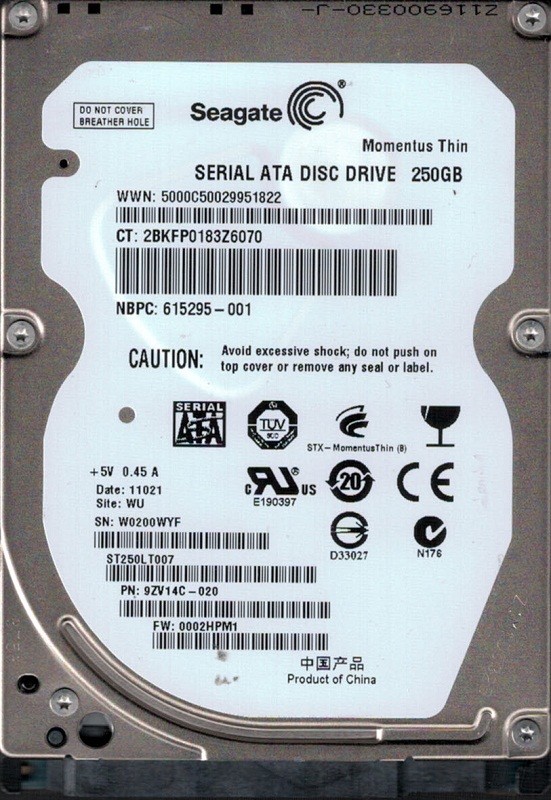 ST250LT007 F/W: 0002HPM1 P/N: 9ZV14C-020 WU W02 Seagate 250GB