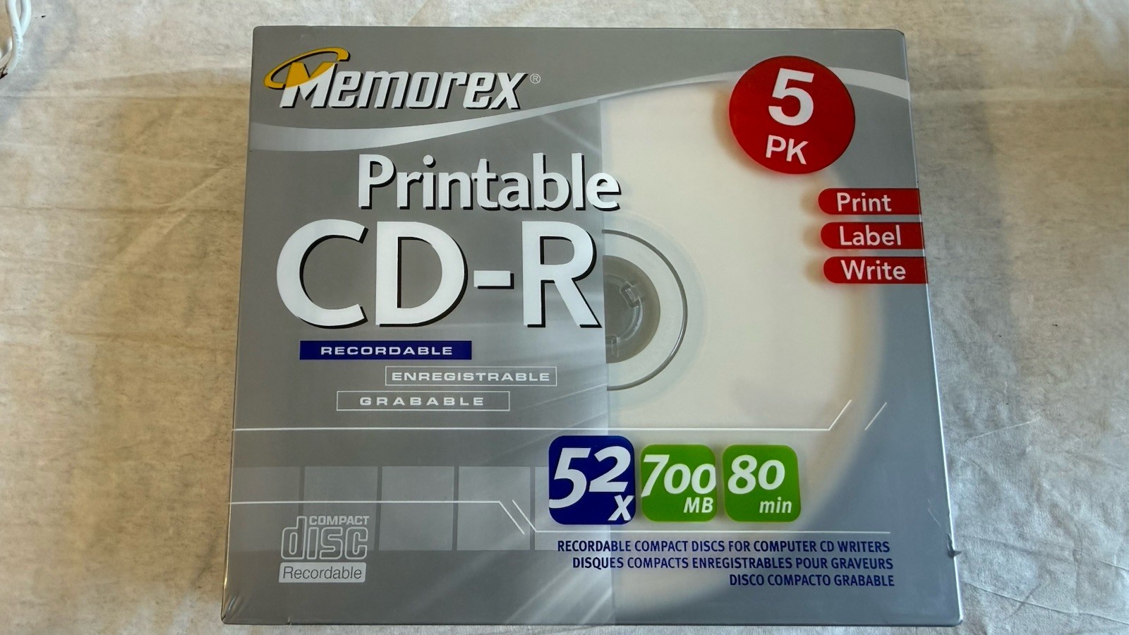 Memorex Printable Blank CD-R 5 Pack 52x 700MB 80min Music Memories 