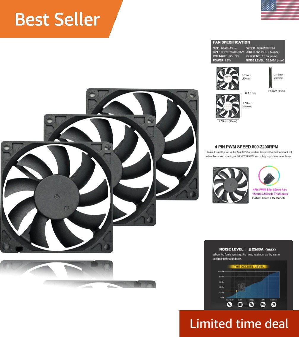 80mm x 15mm 4-Pin Quiet PWM PC Computer Case Cooling Fan 800-2200RPM 3 Pack