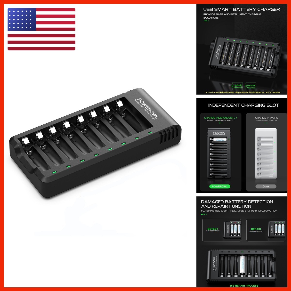POWEROWL 8 Bay AA AAA Battery Charger USB High-Speed for Ni-MH Rechargeable