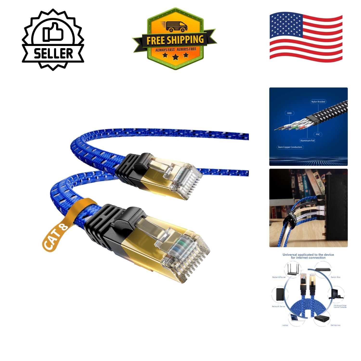 16ft Cat 8 Ethernet Cable - High-Speed 40Gbps Nylon Braided with RJ45 Connectors