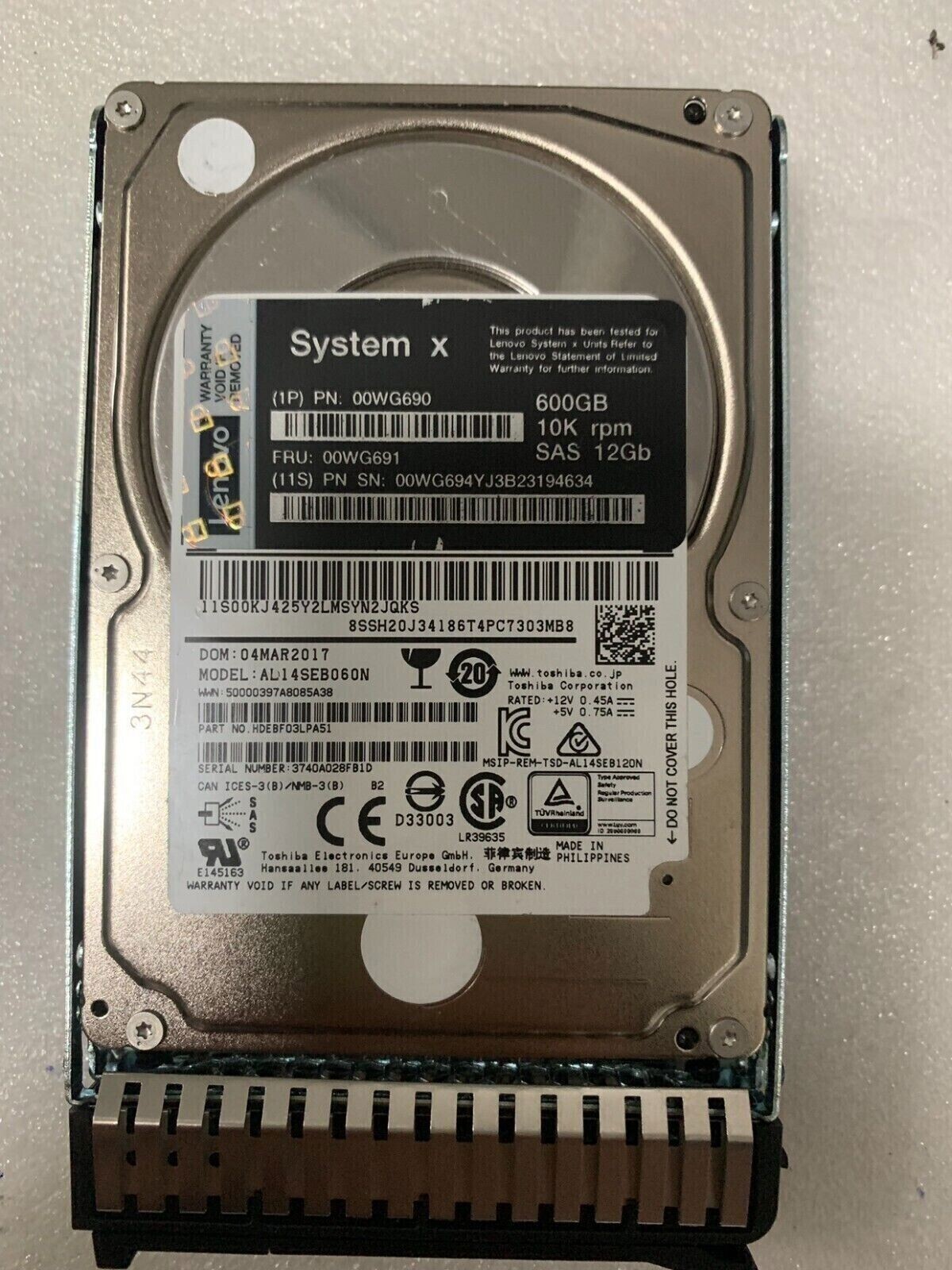 00WG691 00WG690 Lenovo 600GB 10K SAS 12Gbps 2.5" SFF G3HS X3650 M5 HDD Hard Disk