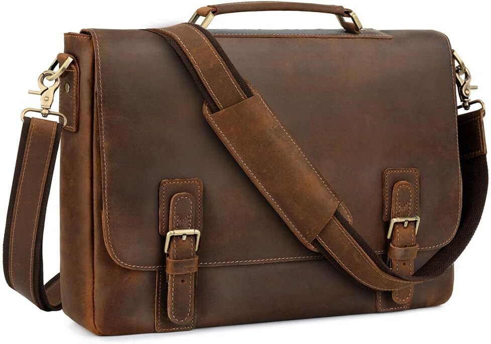 Kattee Men's Leather Satchel Briefcase, 15.6" Laptop Messenger Large, Brown 