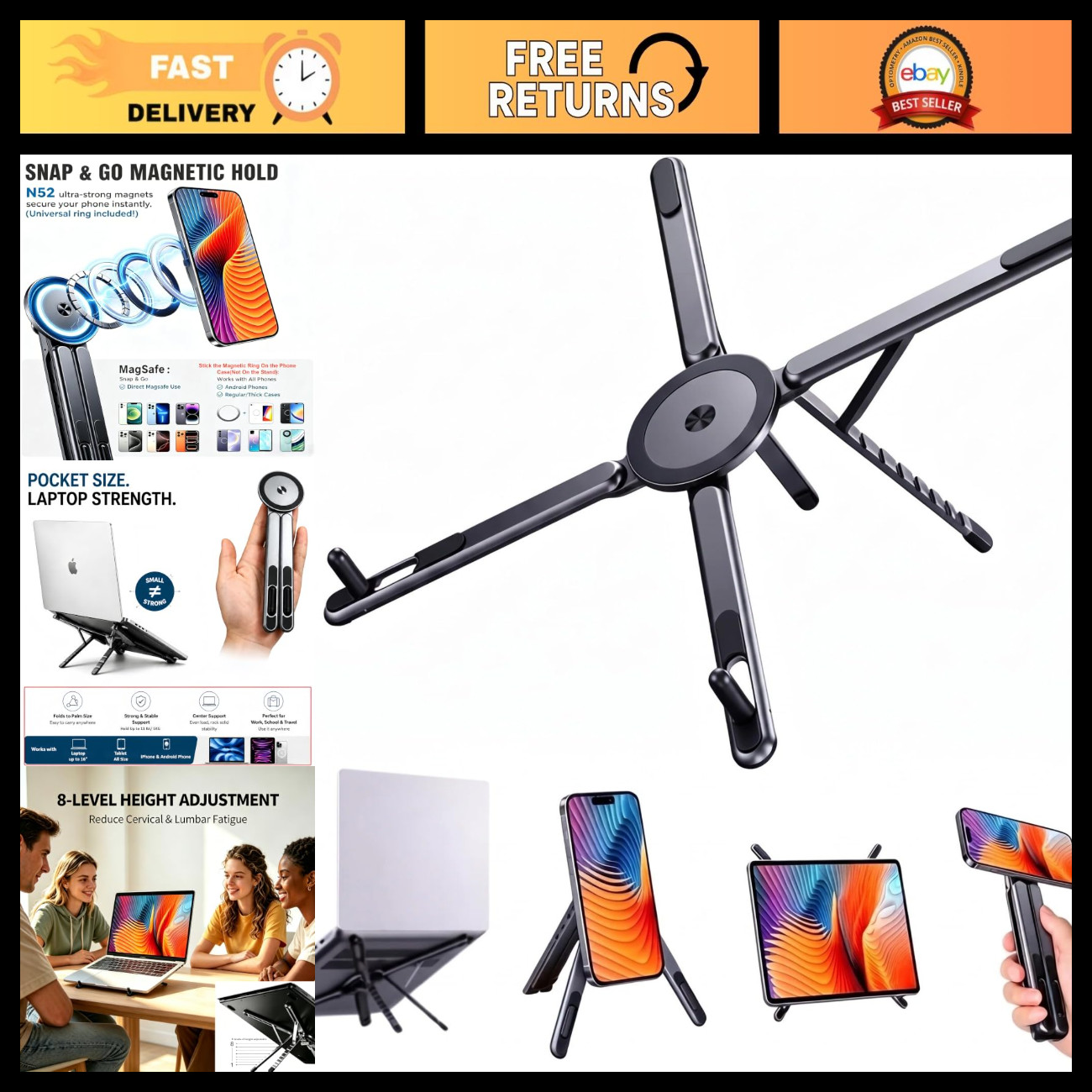4-in-1 Adjustable Laptop Stand with Magnetic Phone Holder, Portable Aluminum for