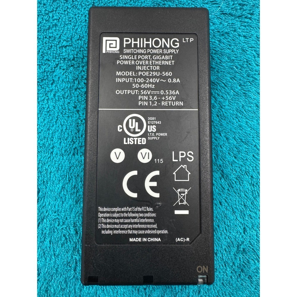 Phihong POE29U-560 Gigabit PoE Injector 56V 0.536A Power Supply Black
