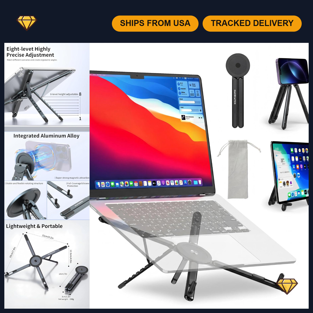 Adjustable Portable Laptop Stand for Desk, 3-in-1 Ergonomic Holder, Black