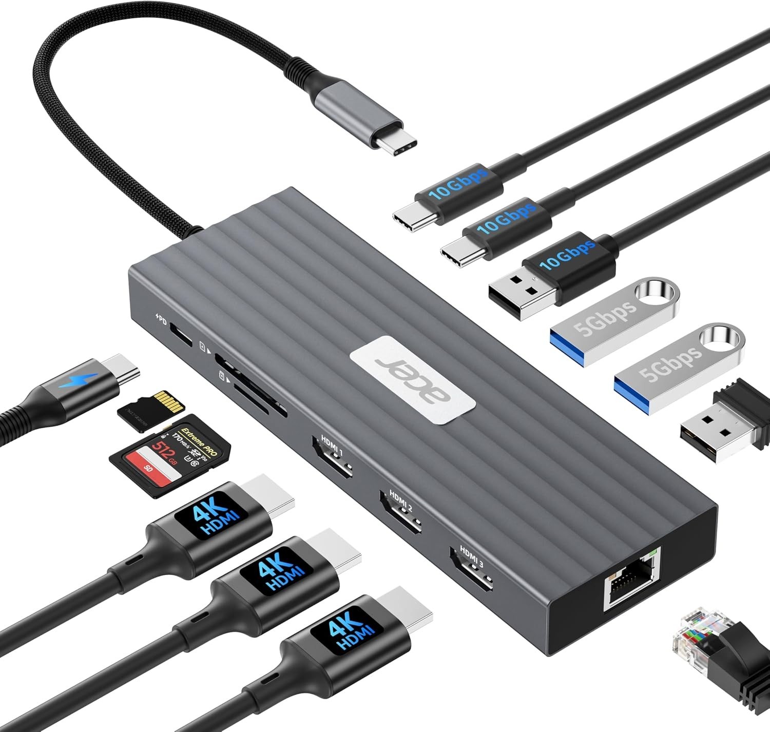 NEW Acer 13 In 1 USB-C Docking Station 3 HDMI Hub for Laptop 4K@60Hz Open box