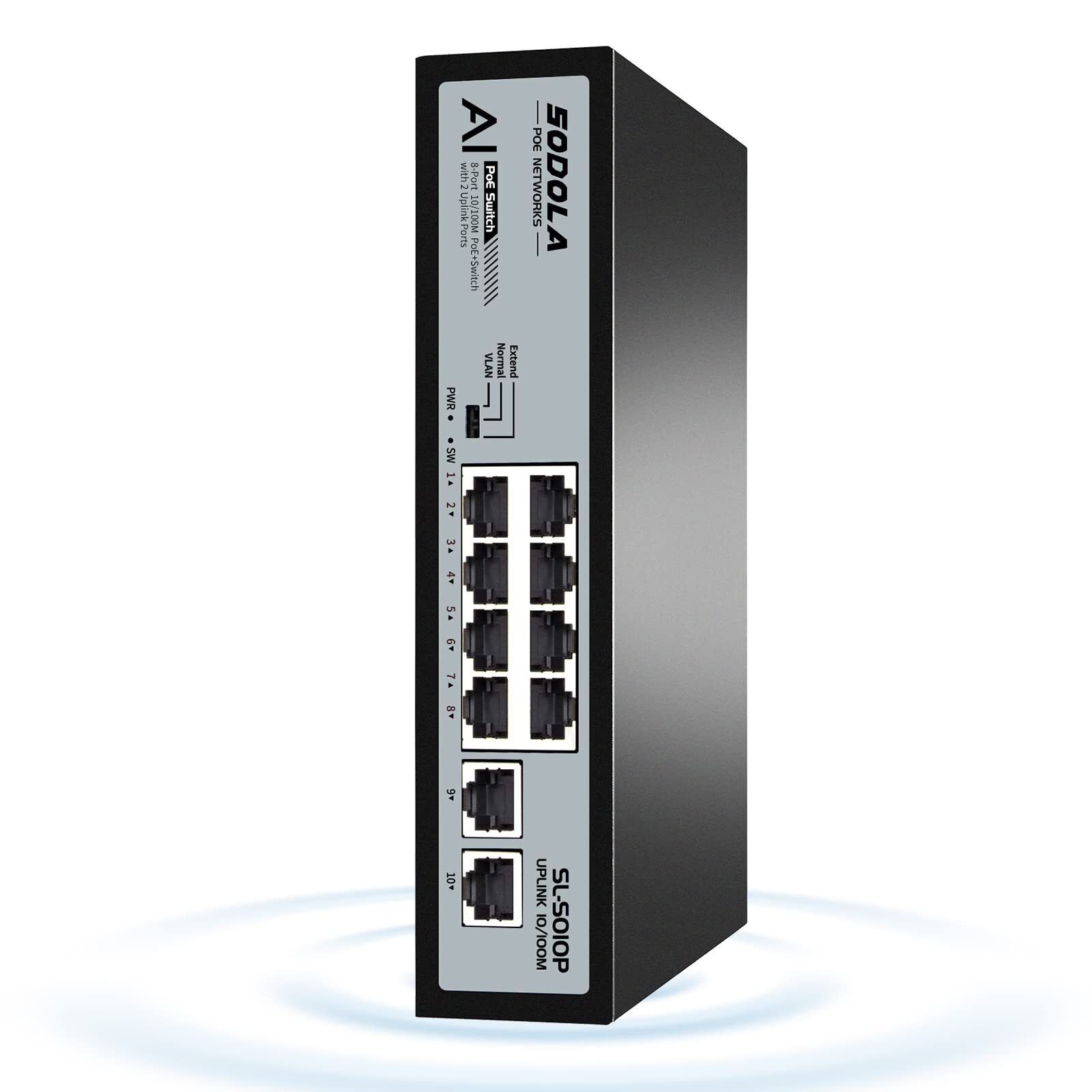 SODOLA 8 Port PoE Switch 100Mbps/8 PoE+ Port,2 Ethernet Uplink,120W 802.3af/at,