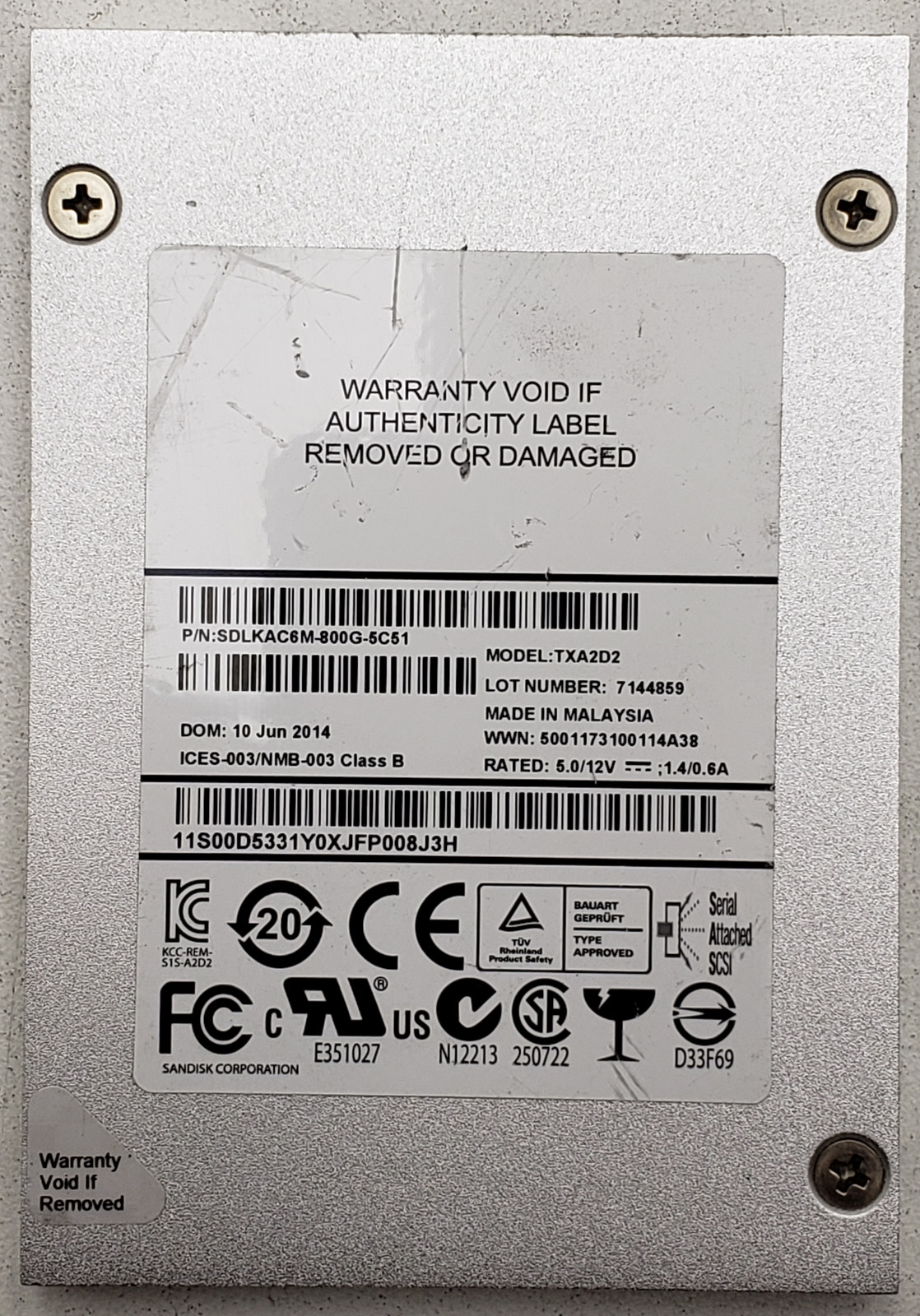 SanDisk TXA2D2 800GB 6Gb/s SAS 2.5in Enterprise SSD P/N: SDLKAC6M-800G-5C51