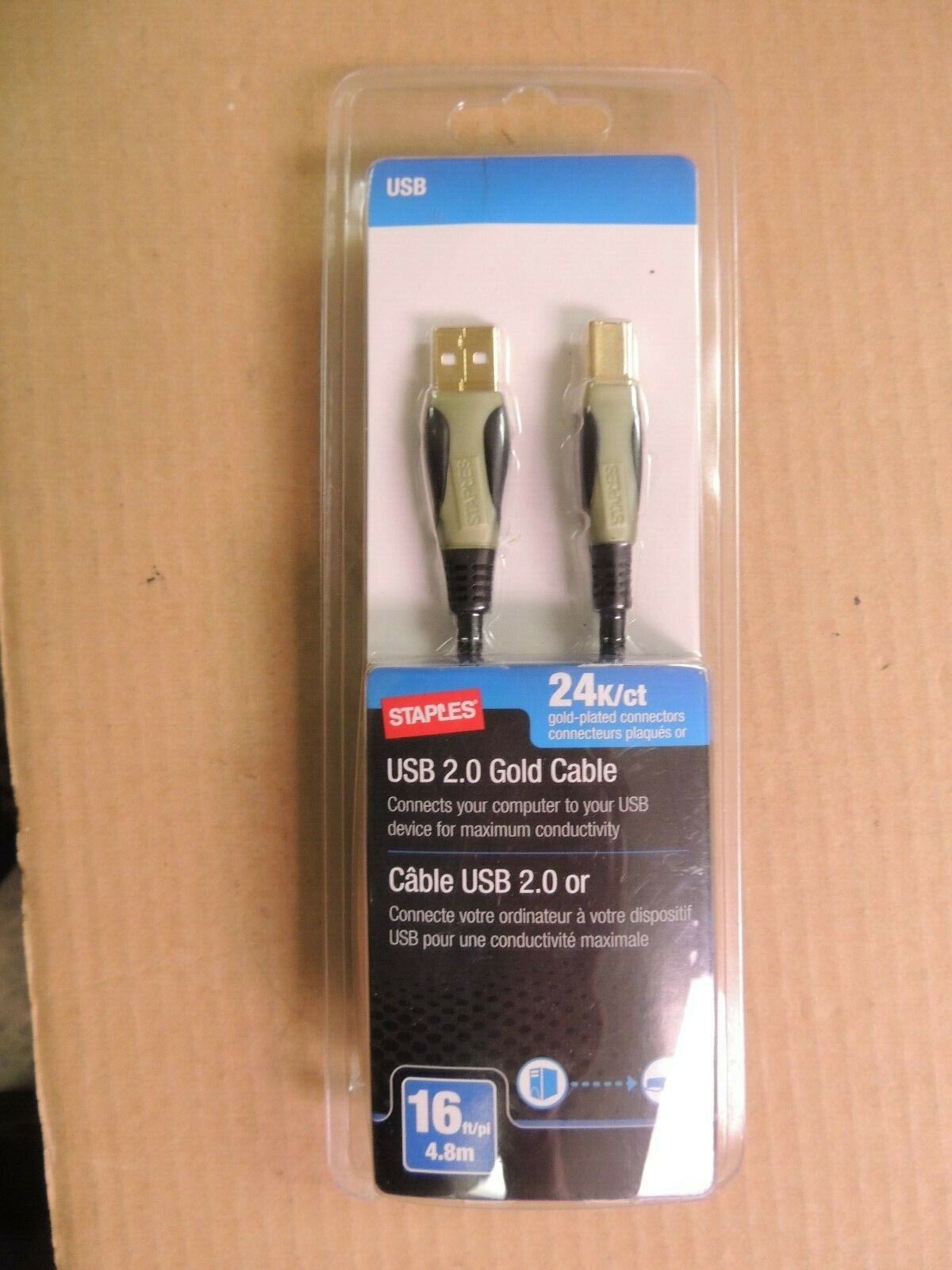 Staples 16\' Gold Series A/B USB 2.0 Cable USB 2.0 Gold Cable 24K/Ct NIP