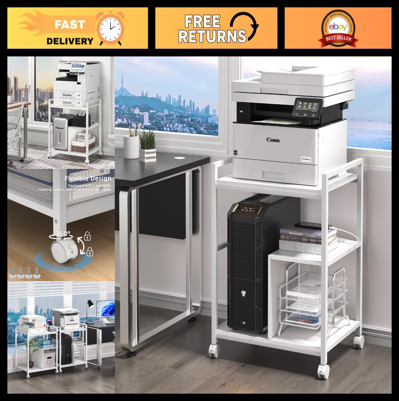 Mobile Printer Stand with Charging Station, 3-Tier Rolling Cart, USB Ports, Lock