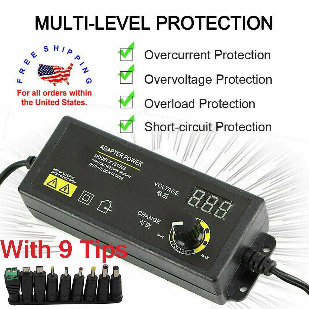 Universal 2.5A 60W 3-24V Adjustable DC Power Supply Adapter Volt Display 9 Plugs