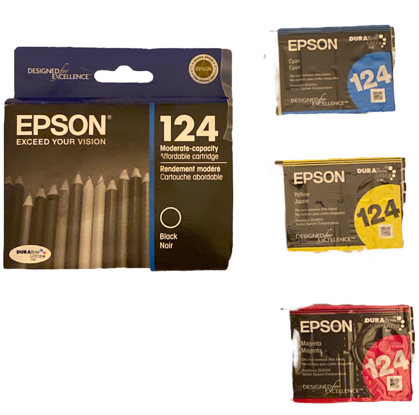 Genuine Epson 124 Black, Cyan, Magenta And Yellow Ink Cartridges Sealed OEM 124