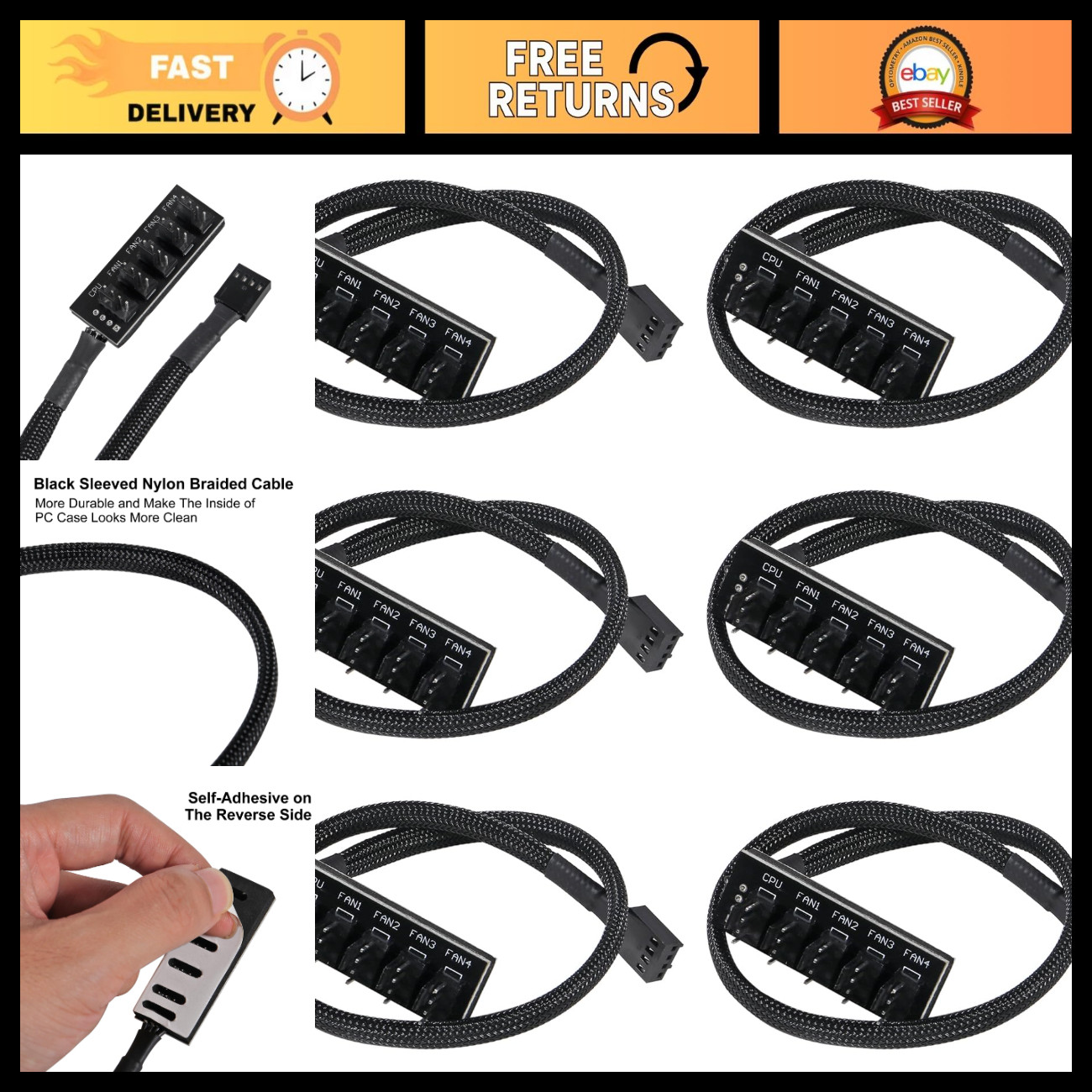 6-Pack 4-Pin PWM Fan Hub Splitter Cable - 1 to 5 Way Power Supply for PC Cooling