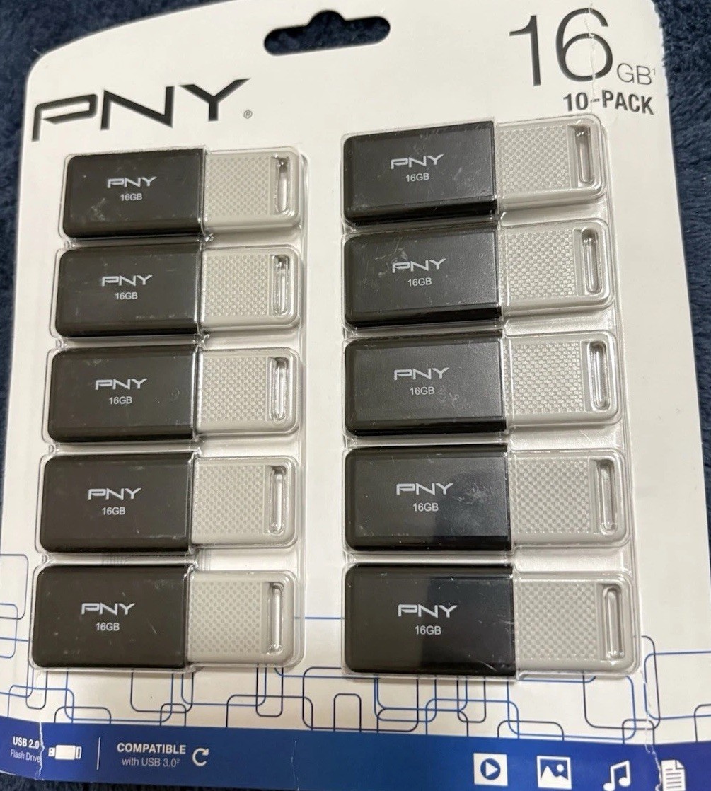 PNY P-FD16GX100DM-EF2 16GB USB 2.0 Flash Drive 10-Pack Black/Gray NEW