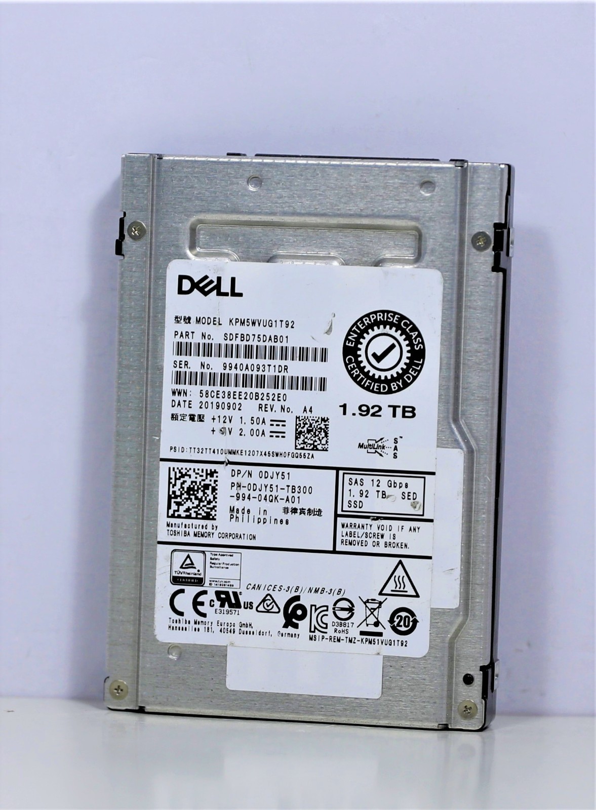Dell DJY51 1.92TB 12Gb/s SAS 2.5" SED Mixed Use Enterprise SSD KPM5WVUG1T92