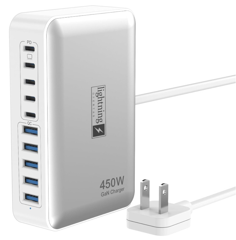 Hub Cargador USB C 450W 10 Puertos GaN 140W para Portátiles y Móviles
