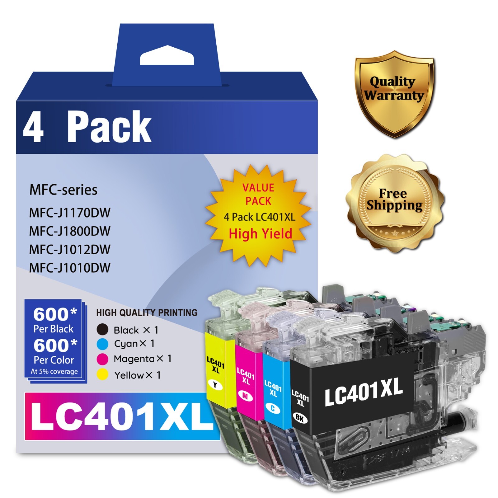 LC401XL Ink Cartridges 4-Pack for Brother MFC-J1012DW J1170DW J1010DW Printers