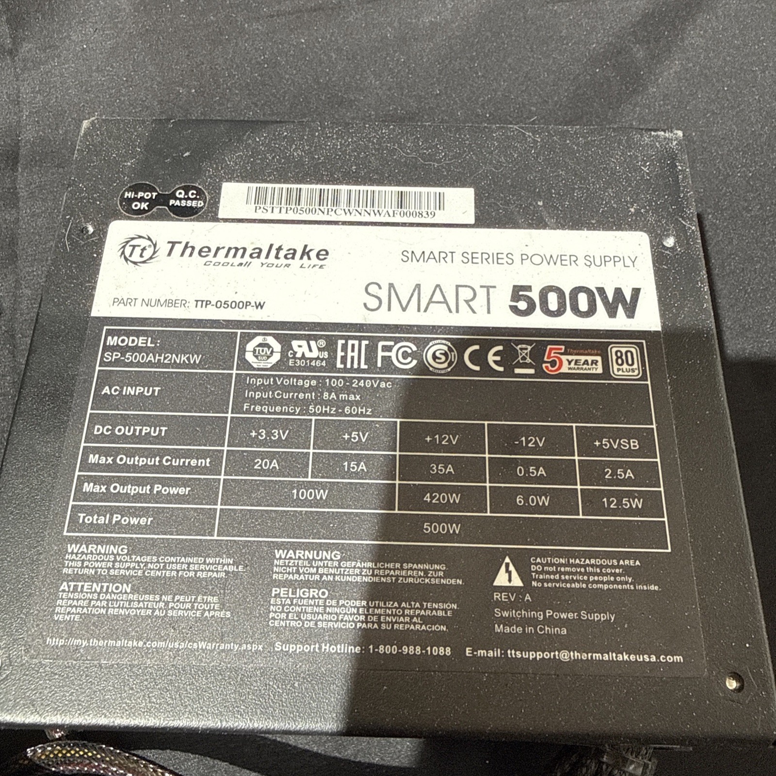 Thermaltake SP-500AH2NKW Smart Series 500 W Power Supply; SPD-0500P