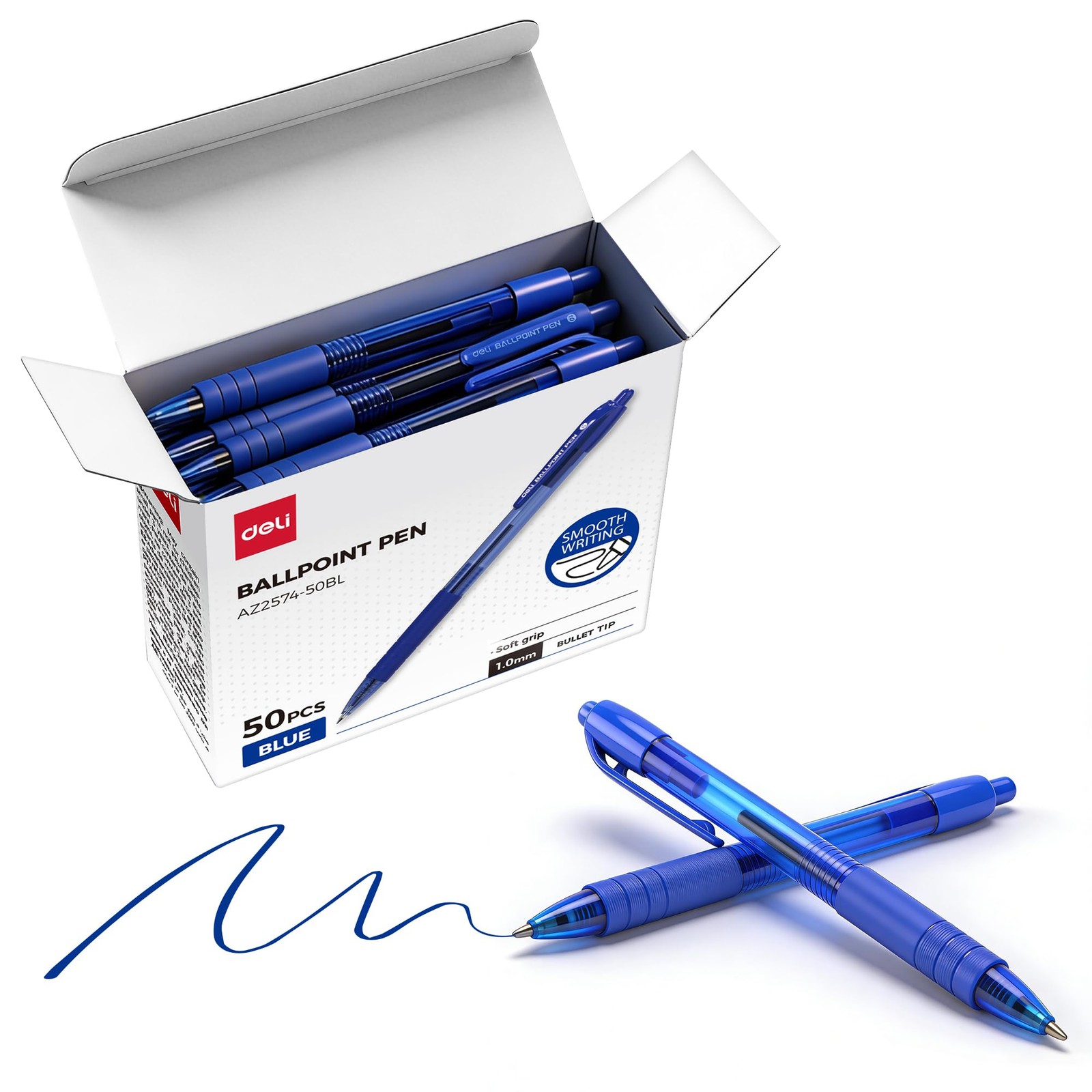 Ballpoint Pens Bulk 50 Pack Blue Ink 1.0MM Medium Point Deli AZ2574-50BL