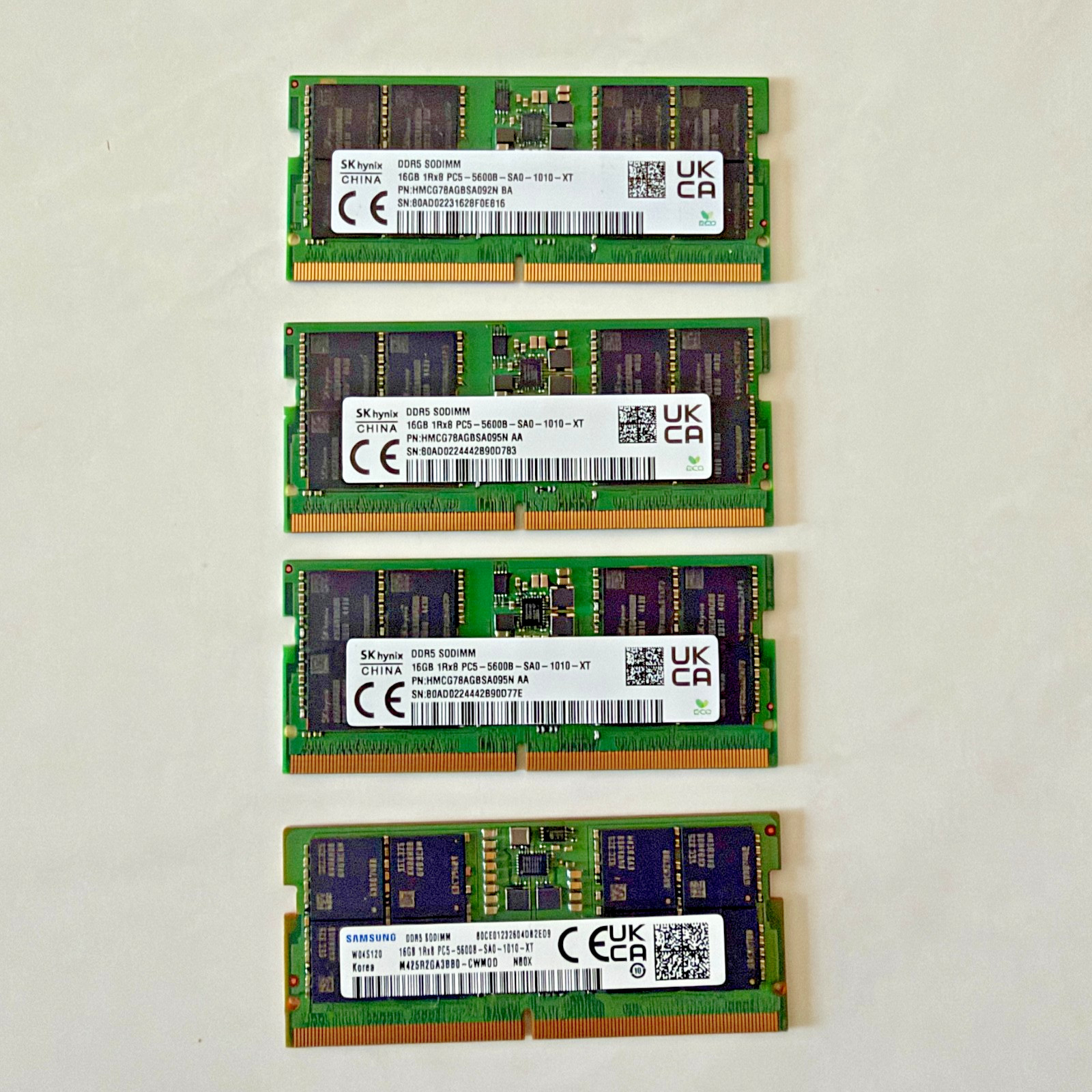 SK Hynix, Samsung 16GB PC5-5600 Laptop Memory (LOT of 4)