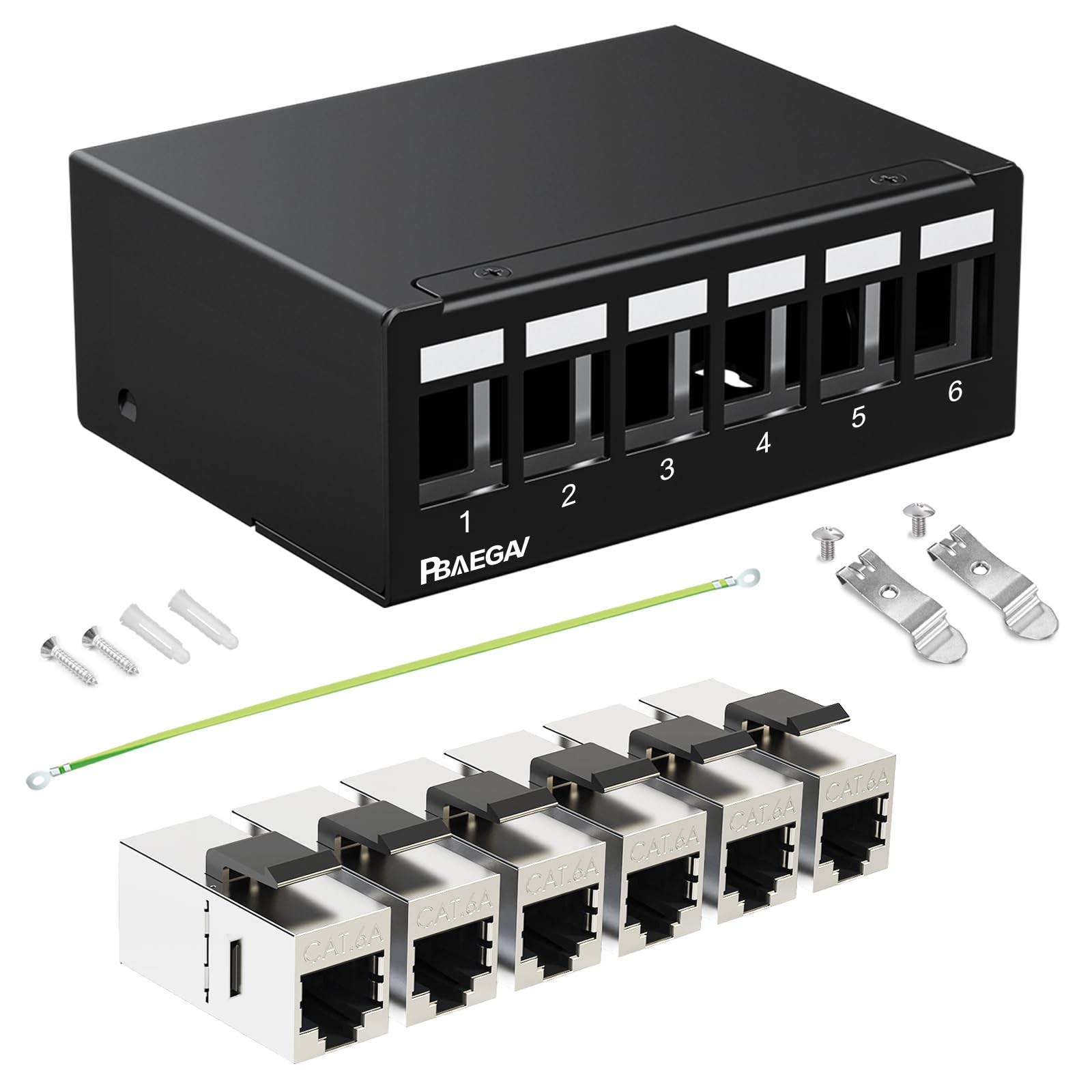 PBAEGAV Patch Panel 6 Port with 6pcs Cat6A Keystone Jack【EC Listed】 Black 