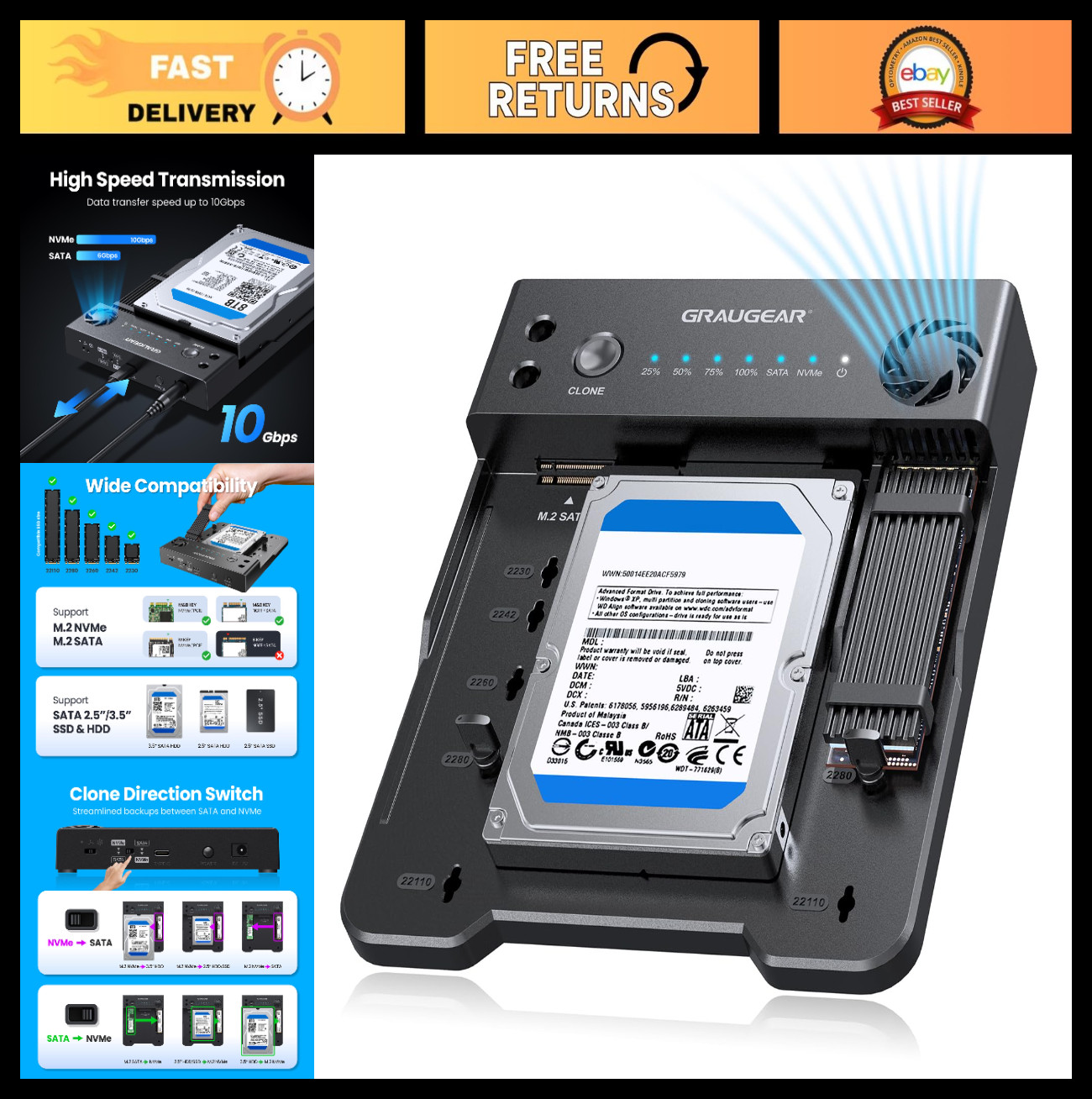 Dual Bay USB-C Hard Drive Docking Station - NVMe & SATA SSD/HDD Cloner, 10Gbps