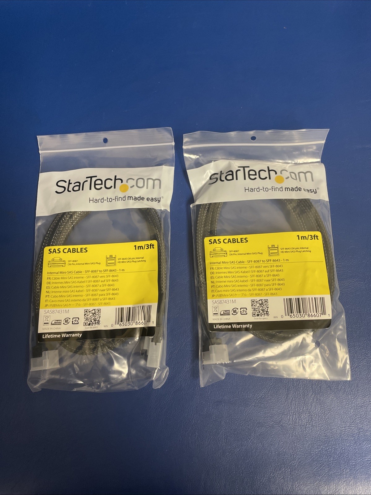 2X NEW StarTech 1m Internal Mini-SAS Cable - SFF-8087 to SFF-8643-1M