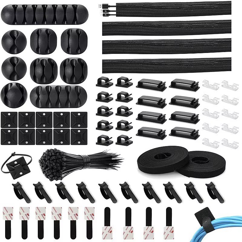 173Pcs Cable Management Kit Organizer Clips Sleeve Straps Ties Office Home