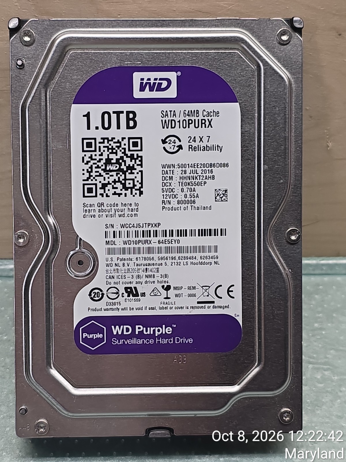 Western Digital Purple 1TB 3.5" SATA Internal Surveillance Hard Drive (WD10PURX)