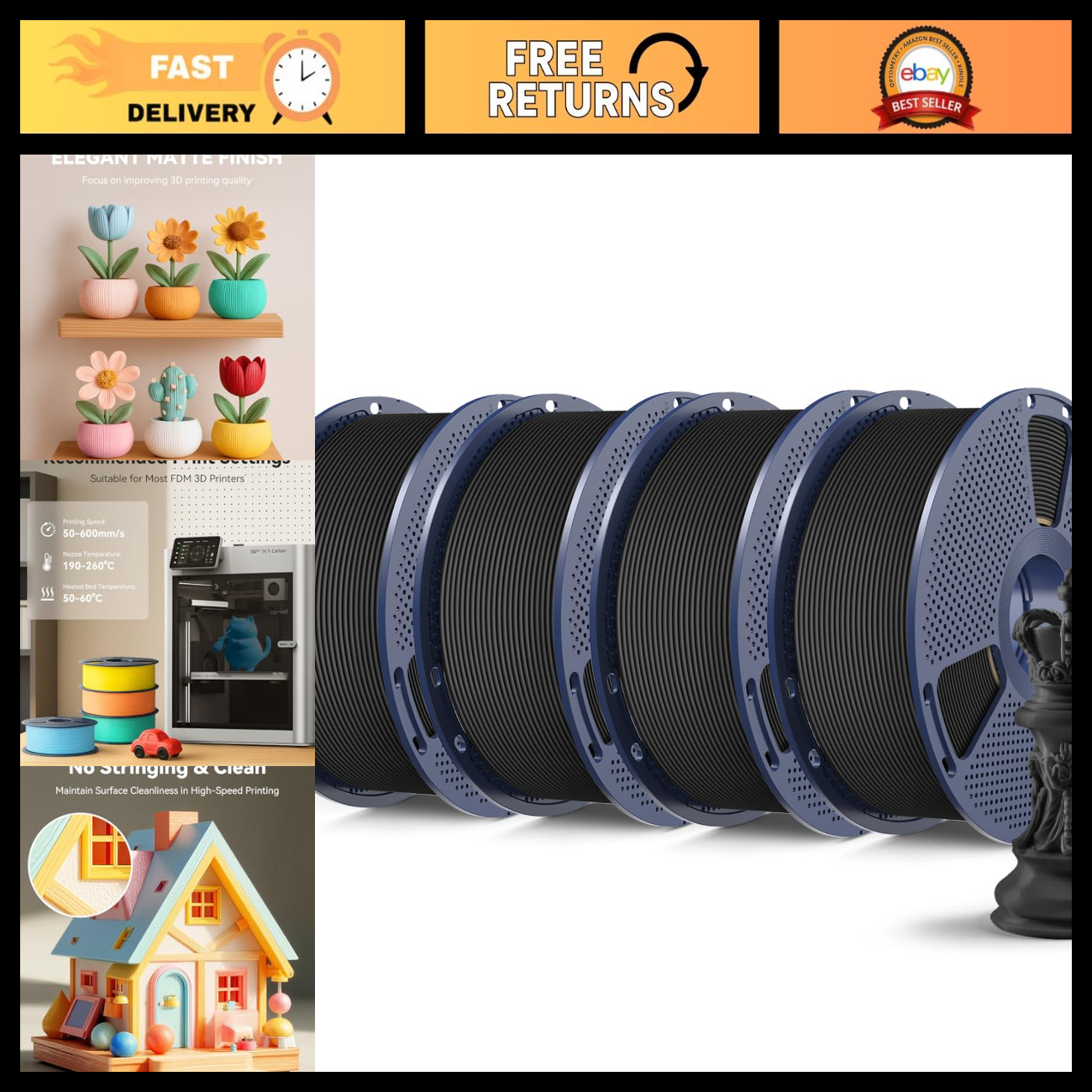 High-Speed Matte PLA 3D Printer Filament 4KG - Matte Black, Ideal for Prototypin
