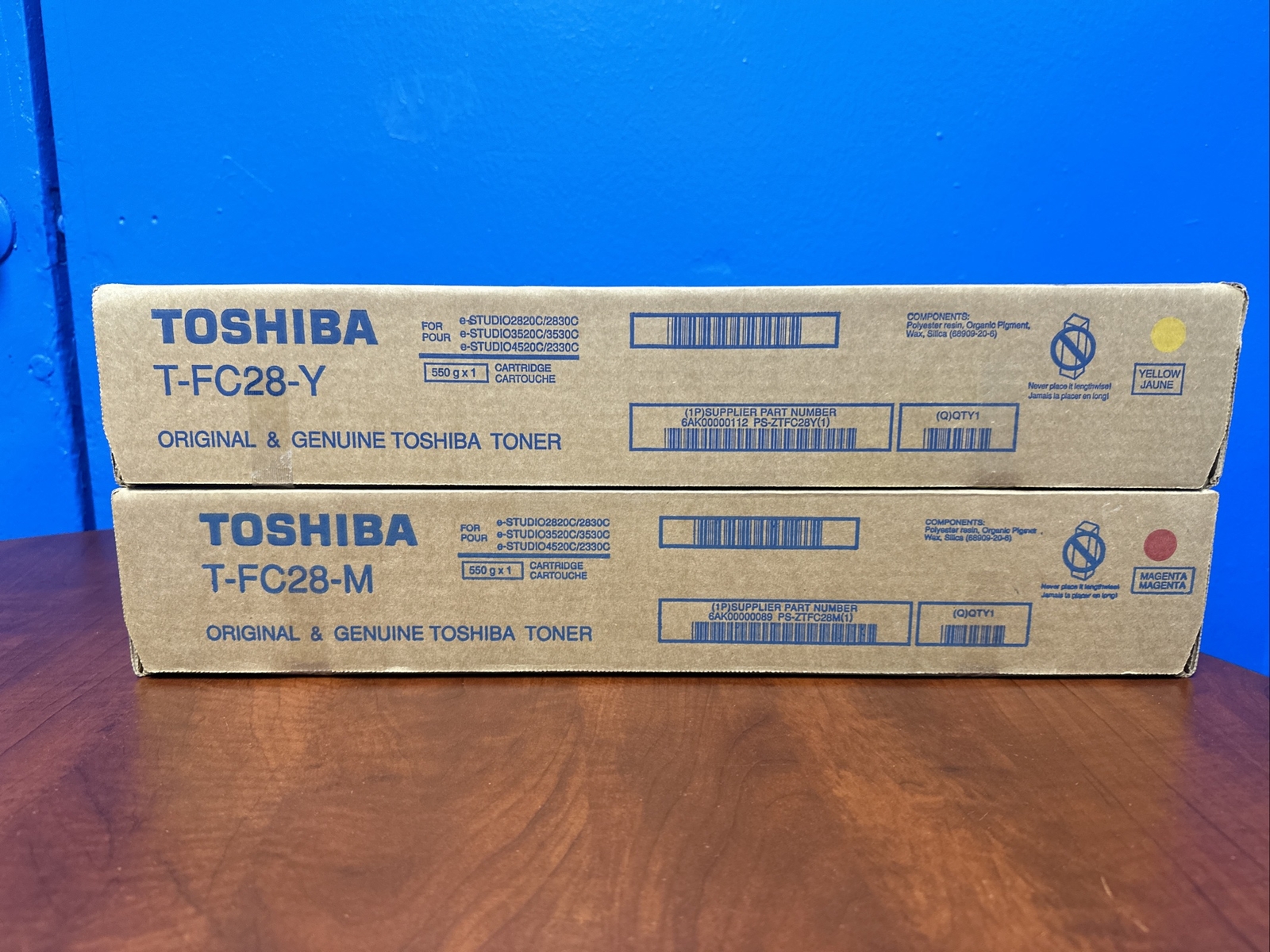 2 Brand New Genuine Toshiba T-FC28-Y, T-FC28-M Toner Cartridges Magenta Yellow