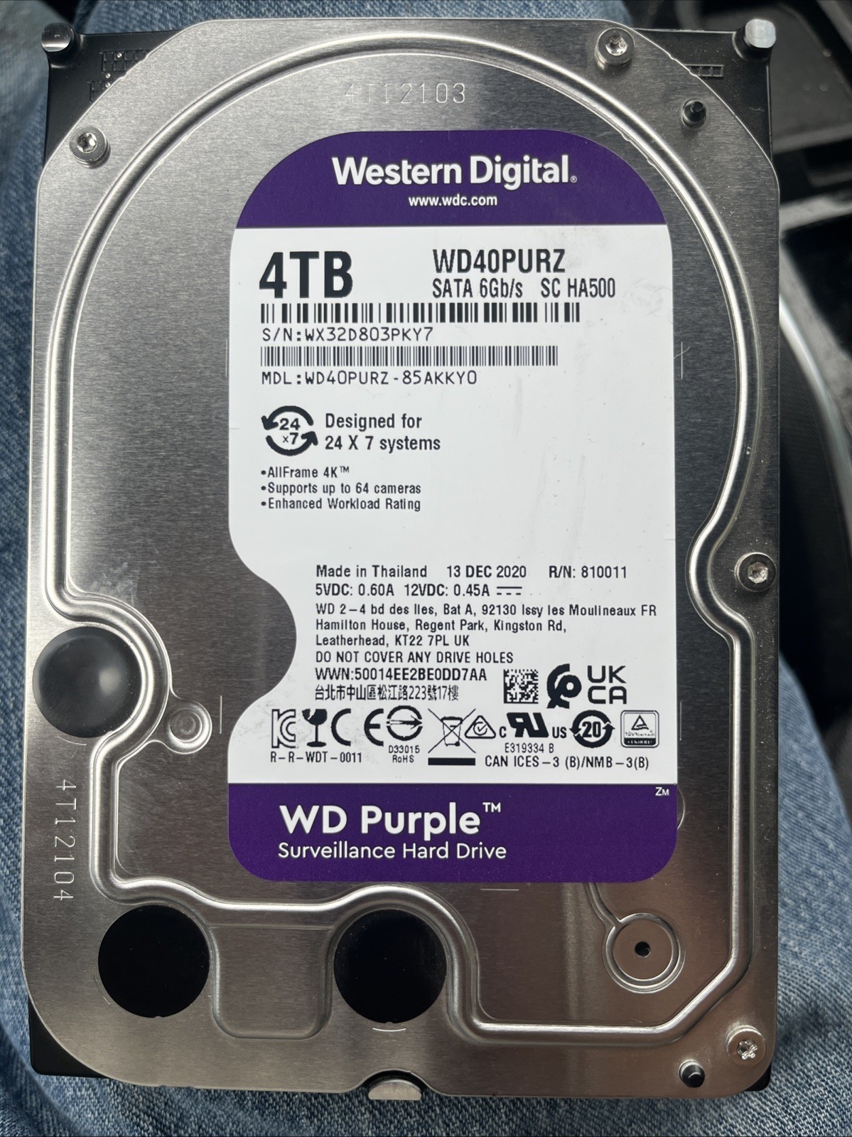 Western Digital WD Purple 4TB WD40PURX-85AKKY0 3.5” SATA Surveillance HDD