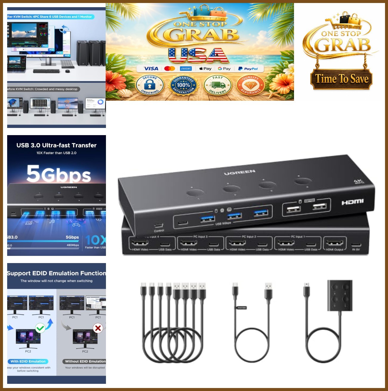 HDMI KVM Switch 4 Computers to 1 Monitor 4K@60Hz 6 USB Ports 4 Port Selector
