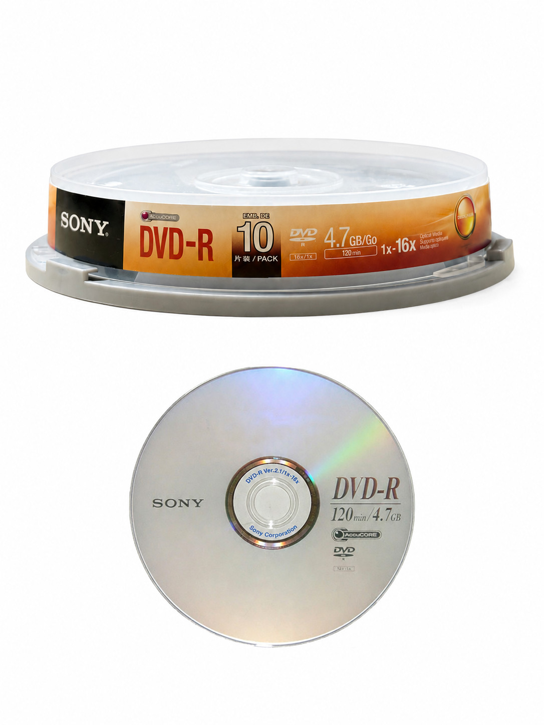 SONY DVD-R 16X Logo Branded 4.7GB 120min Blank Recordable Disc 10 Pack Spindle