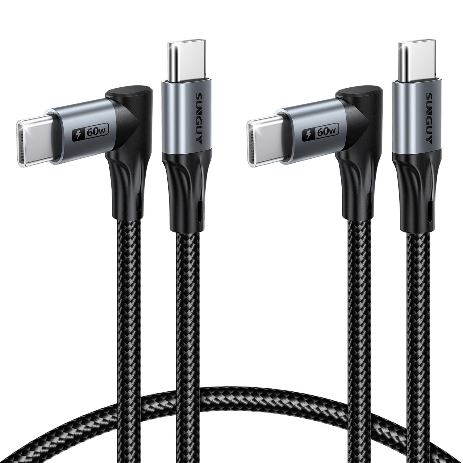 SUNGUY Longer Right Angle USB C Cable for Thick Cases 2FT 2FT+2FT, Grey