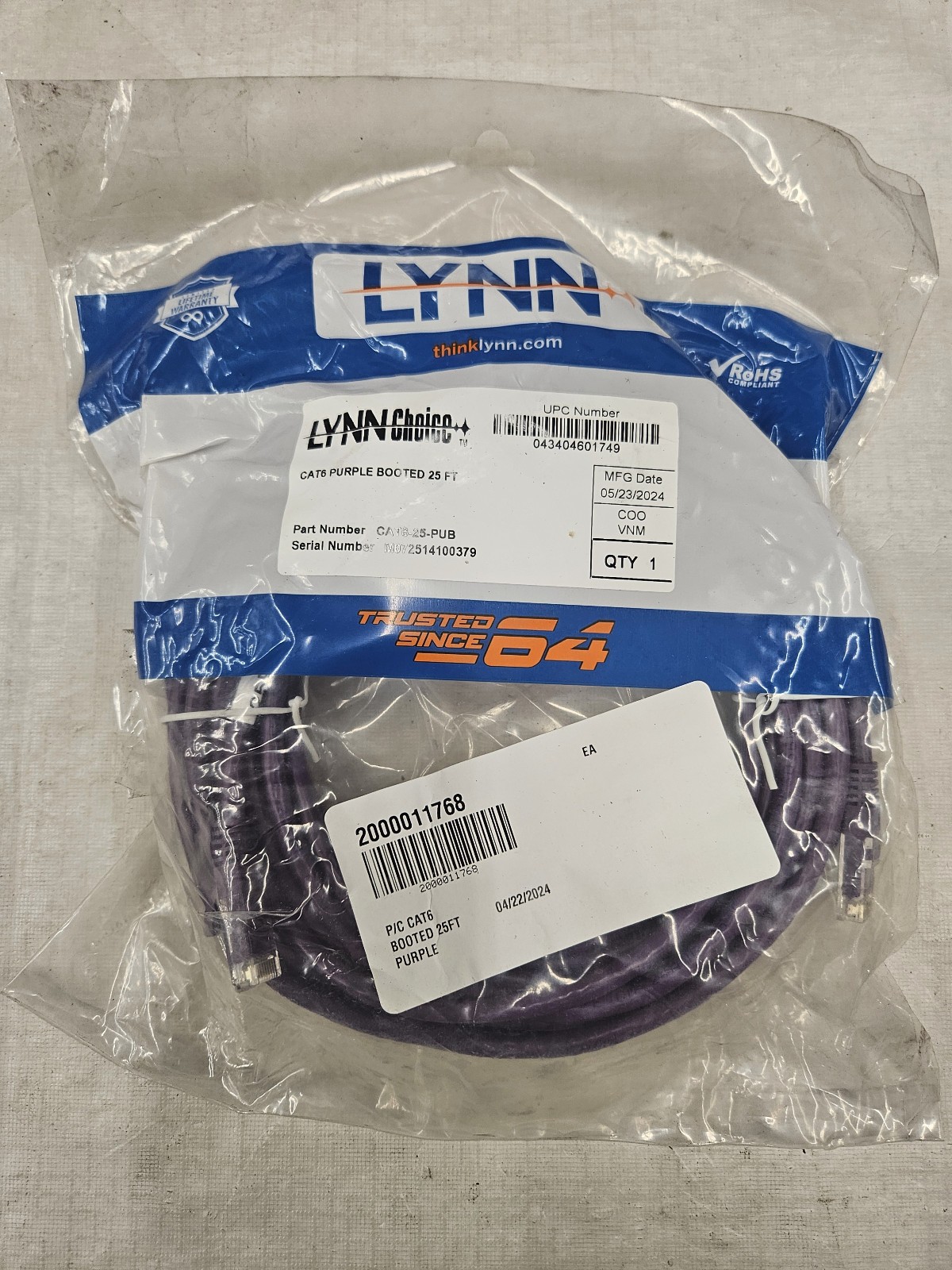 Lynn Cat 6 Patch Cord Ethernet Cable Booted Brand New 25ft Purple