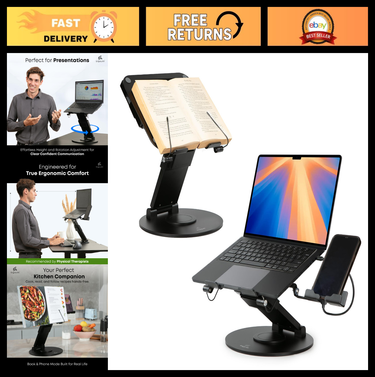 Adjustable 3-in-1 Laptop Stand, Book Holder & Phone Holder - 360° Rotating, Ergo