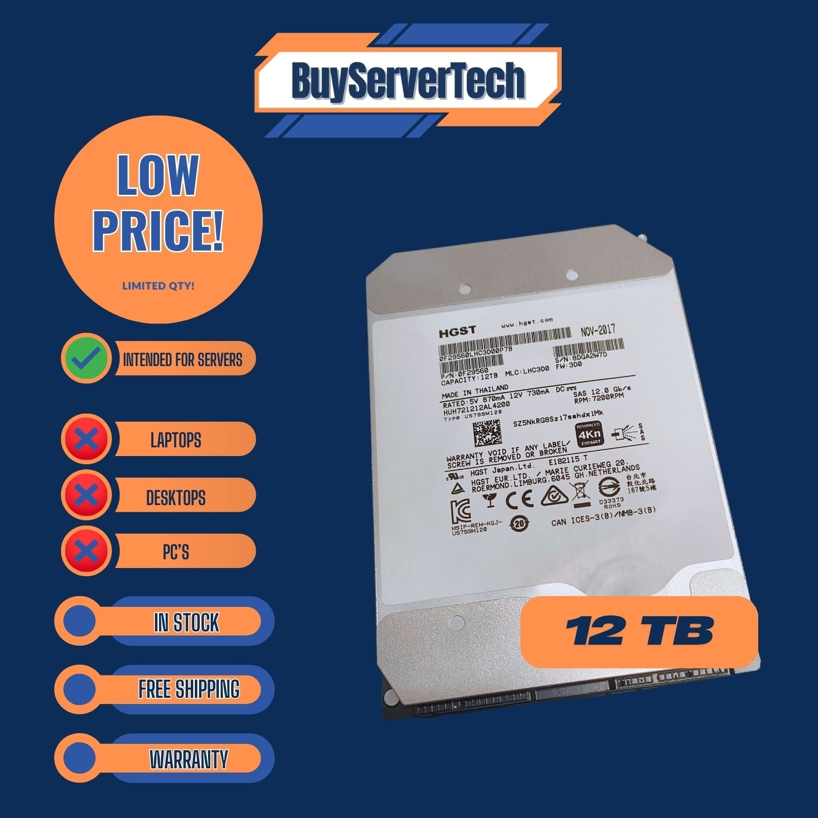 HGST Ultrastar He12 HUH721212AL4200 12tb 3.5" SAS 7200rpm Internal Hard Drive