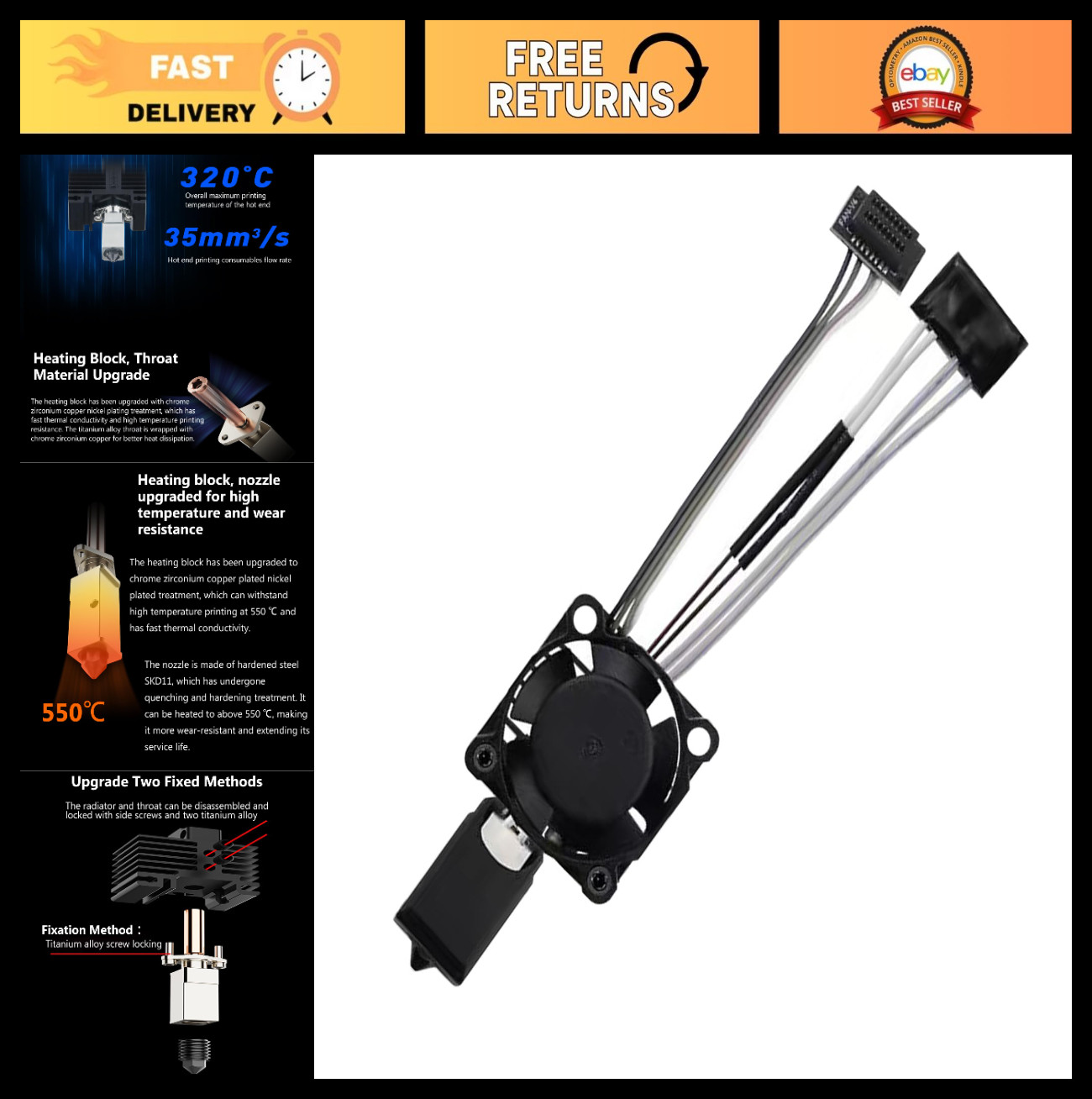 Complete Hotend Kit for 3D Printer - 0.4mm Steel Nozzle, Ceramic Extruder, Fan,